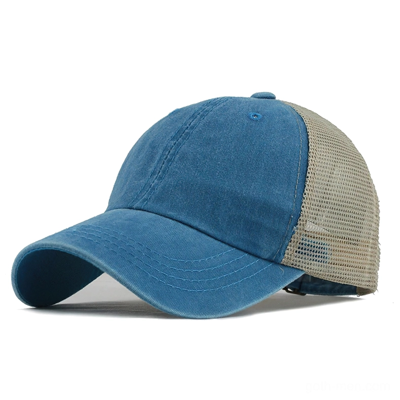 Sky blue washed cotton gothic cap with adjustable back strap and mesh panels