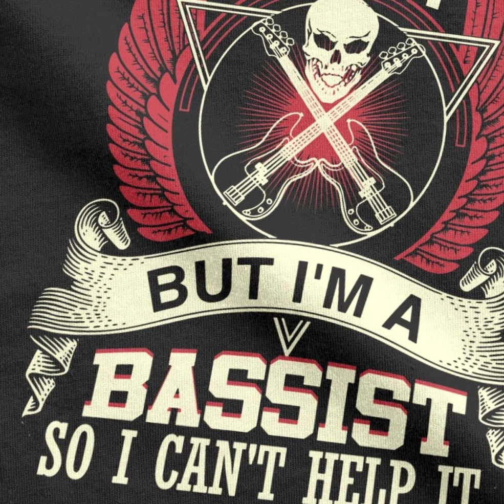 Close-up detail of gothic bass guitar print featuring skull, crossed bass guitars, wings, and cream and red colors on black fabric