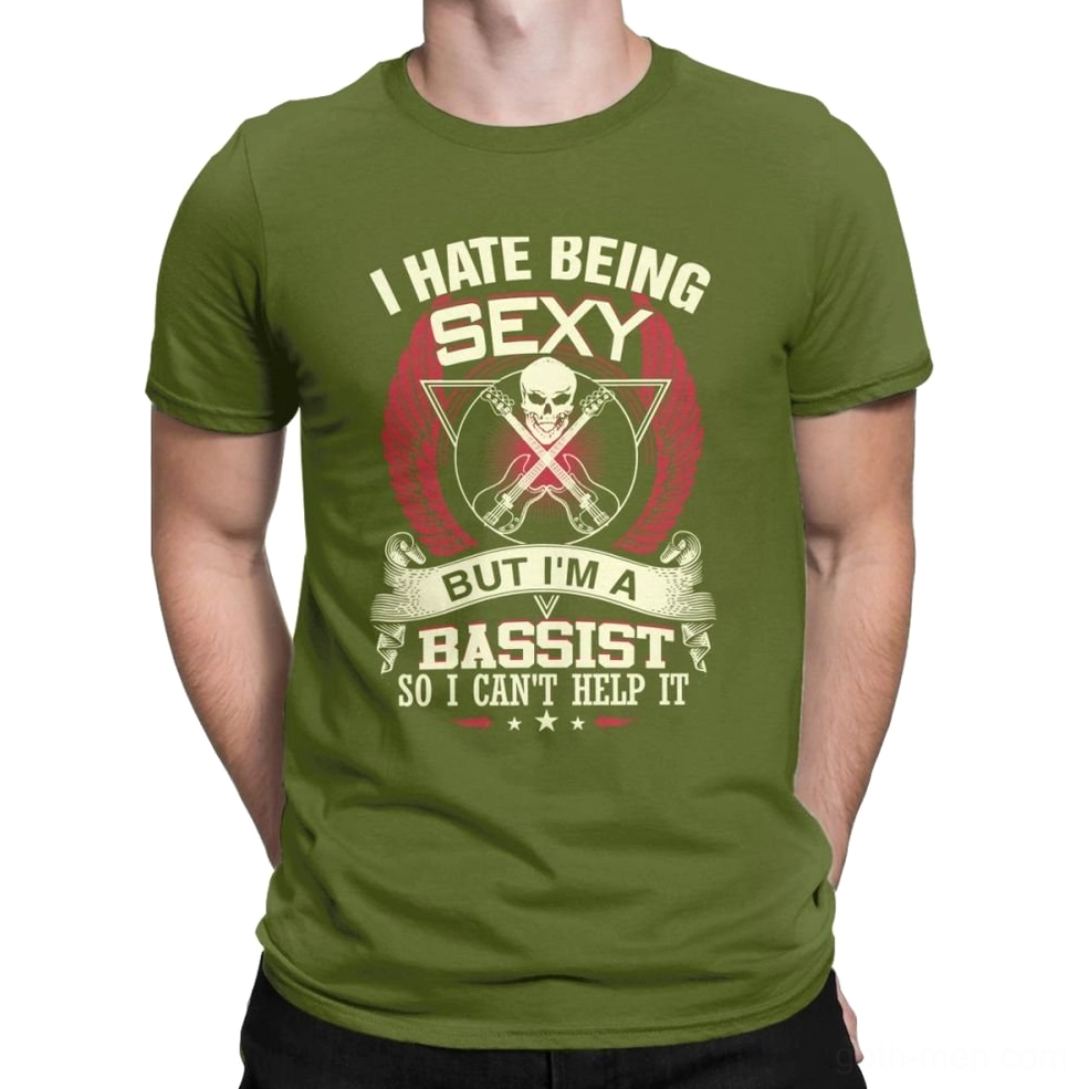 Army green gothic bass guitar skull t-shirt worn by male model, front view showing alternative rock aesthetic