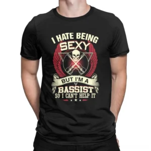 Black gothic bass guitar skull t-shirt worn by male model, front view showing crossed bass guitars and wings print design