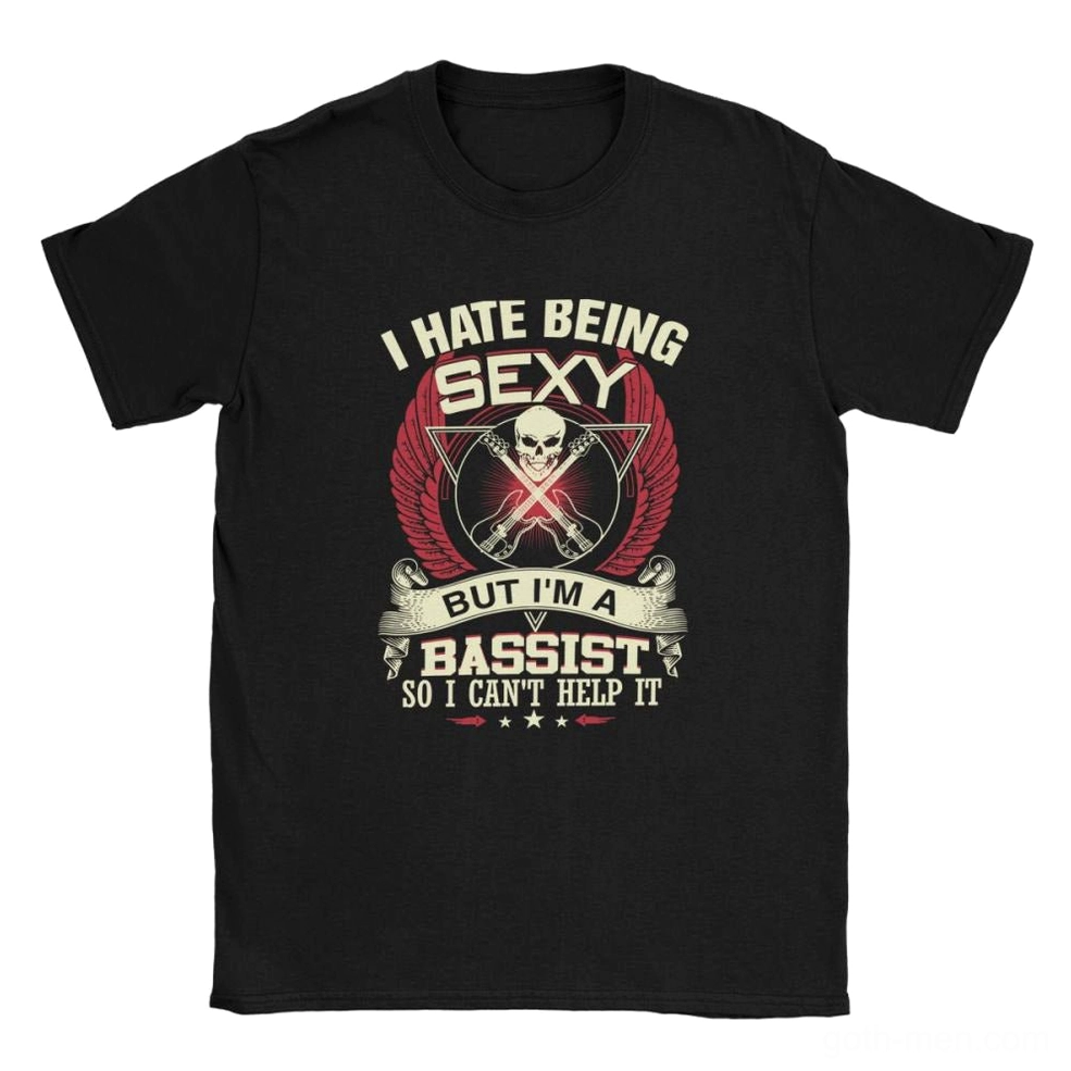 Gothic bass guitar skull t-shirt flat lay front view showing complete print design with crossed bass guitars and skull motif
