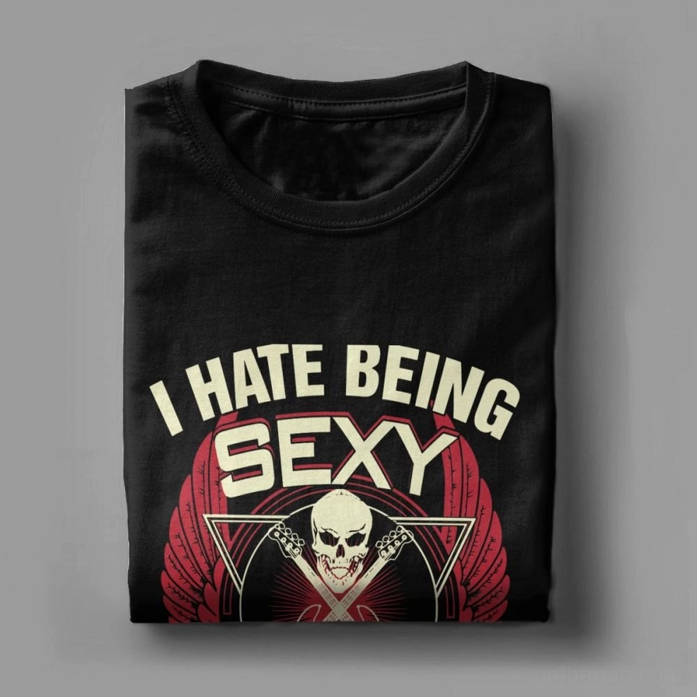 Folded gothic bass guitar t-shirt displaying front print detail with retro banner text and skull imagery