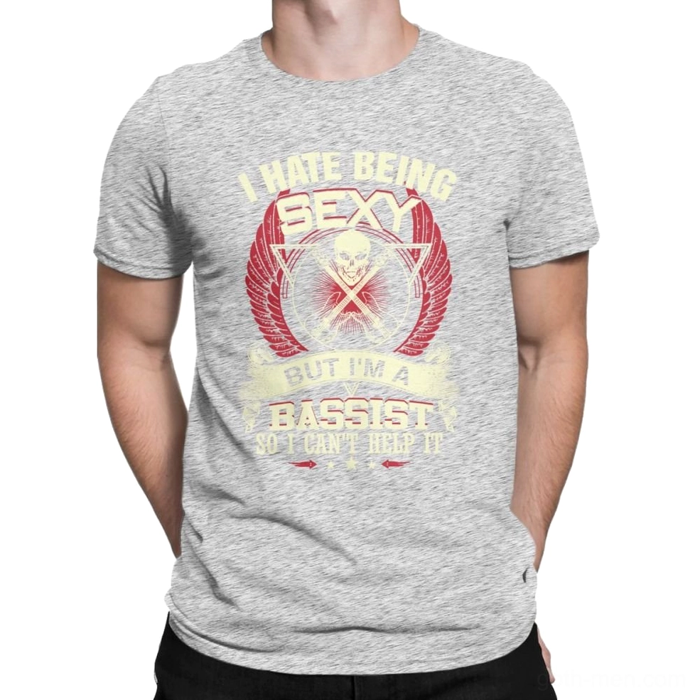 Heather grey gothic bass guitar skull t-shirt on male model, front view with retro band print design