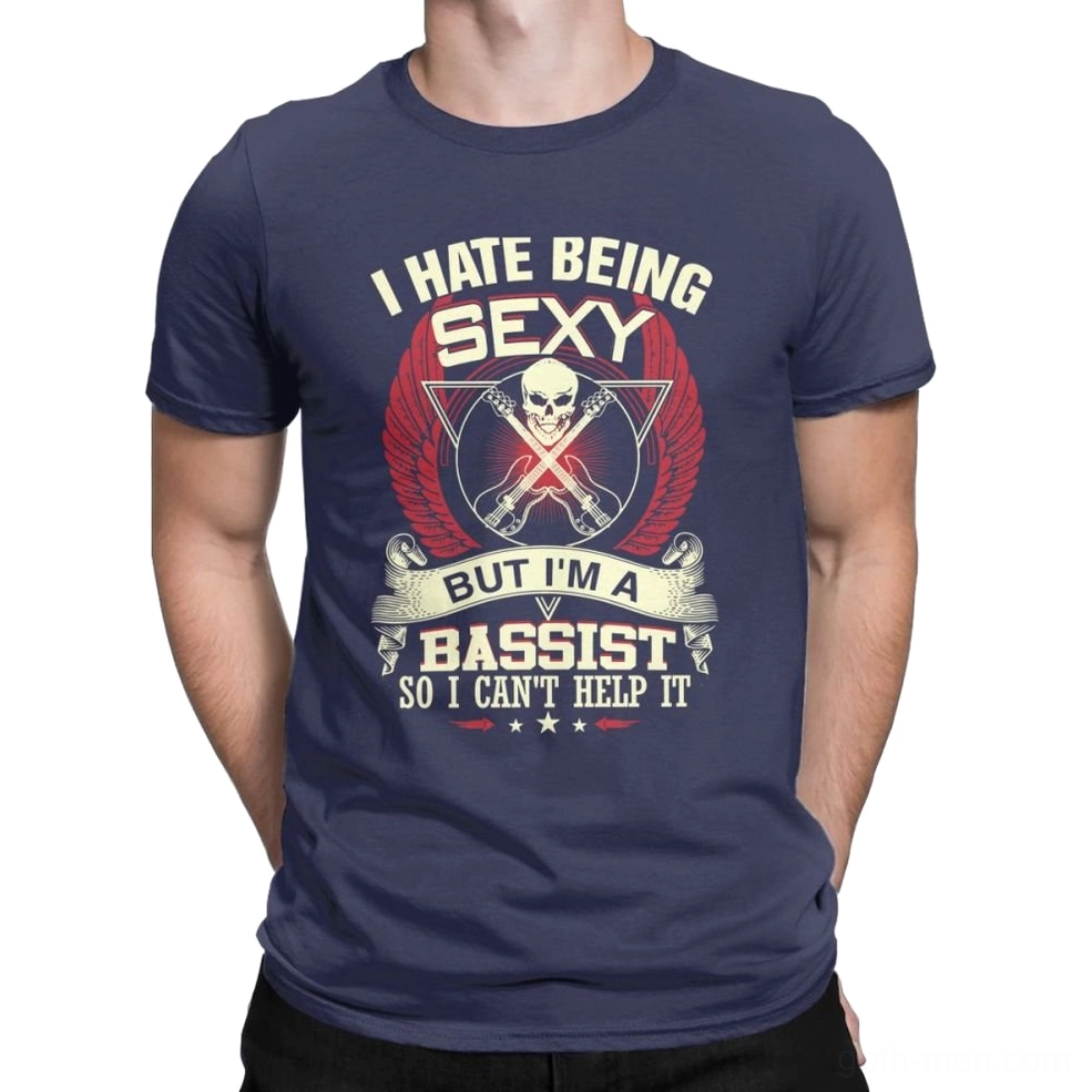 Navy blue gothic bass guitar skull t-shirt on male model, front view displaying deep alternative rock aesthetic
