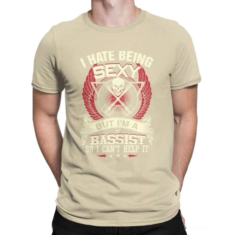 Red gothic bass guitar skull t-shirt back view showing solid color and tag placement on short sleeve tee