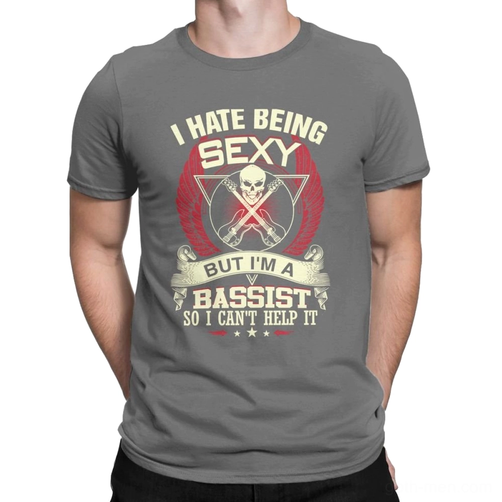 Red gothic bass guitar skull t-shirt flat lay display showing cream and red skull and bass guitar print on dark base