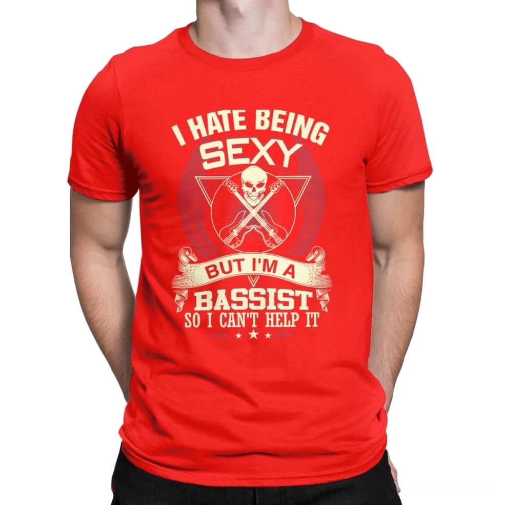 Red gothic bass guitar skull t-shirt on male model wearing dark alternative clothing styling with rock concert aesthetic