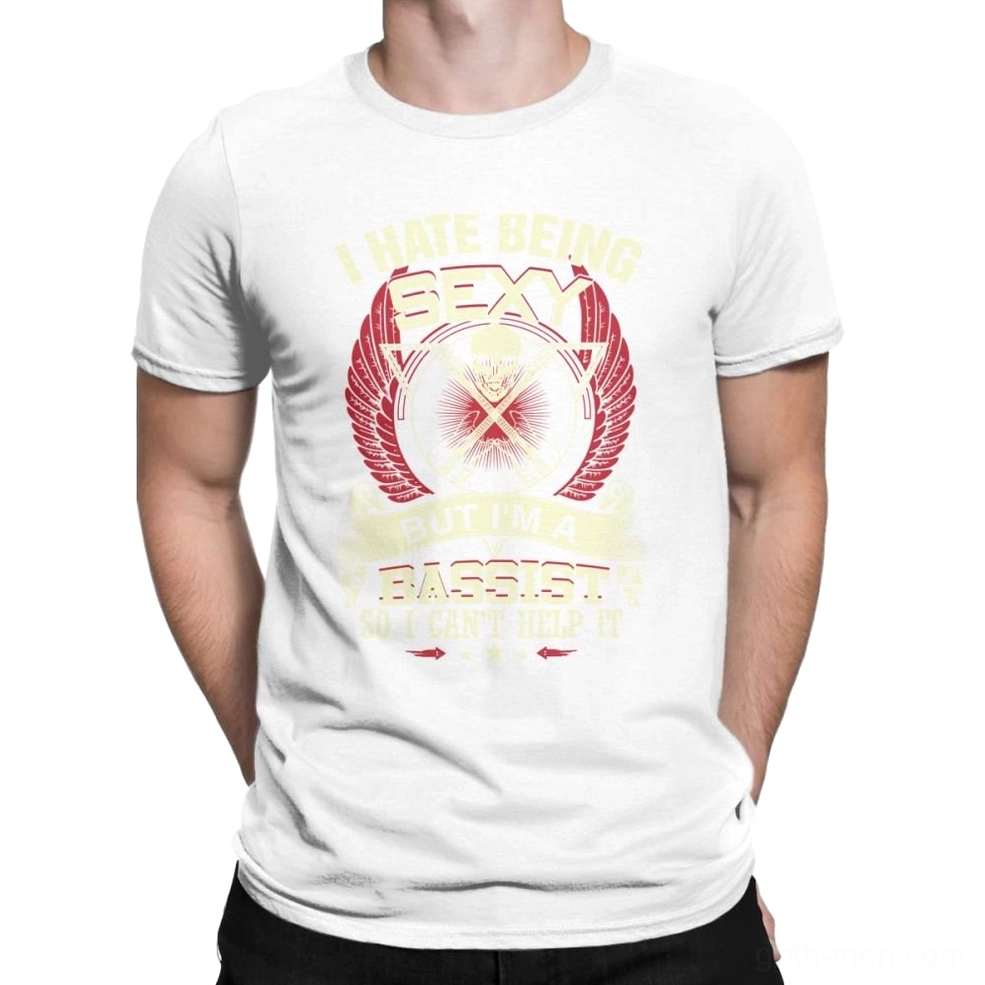 White gothic bass guitar skull t-shirt worn by male model, front view showing bold contrast print with skull and bass imagery