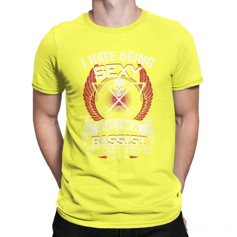 Yellow gothic bass guitar skull t-shirt worn by male model, front view showing bold color option with retro skull print