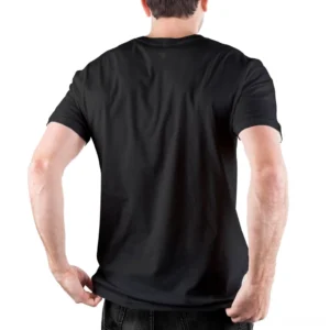 Solid black back view of gothic bass guitar t-shirt on male model, plain cotton broadcloth short sleeve