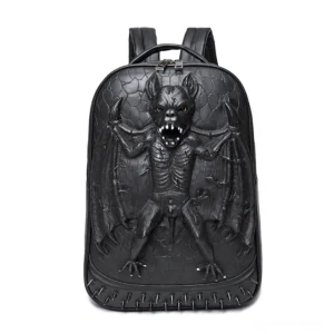 Black gothic bat embossed waterproof backpack front view with spiked embellishment