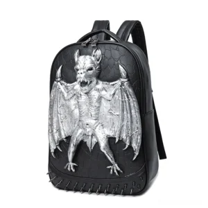 Silver gothic bat embossed waterproof backpack front view with riveted details and spiked bottom trim
