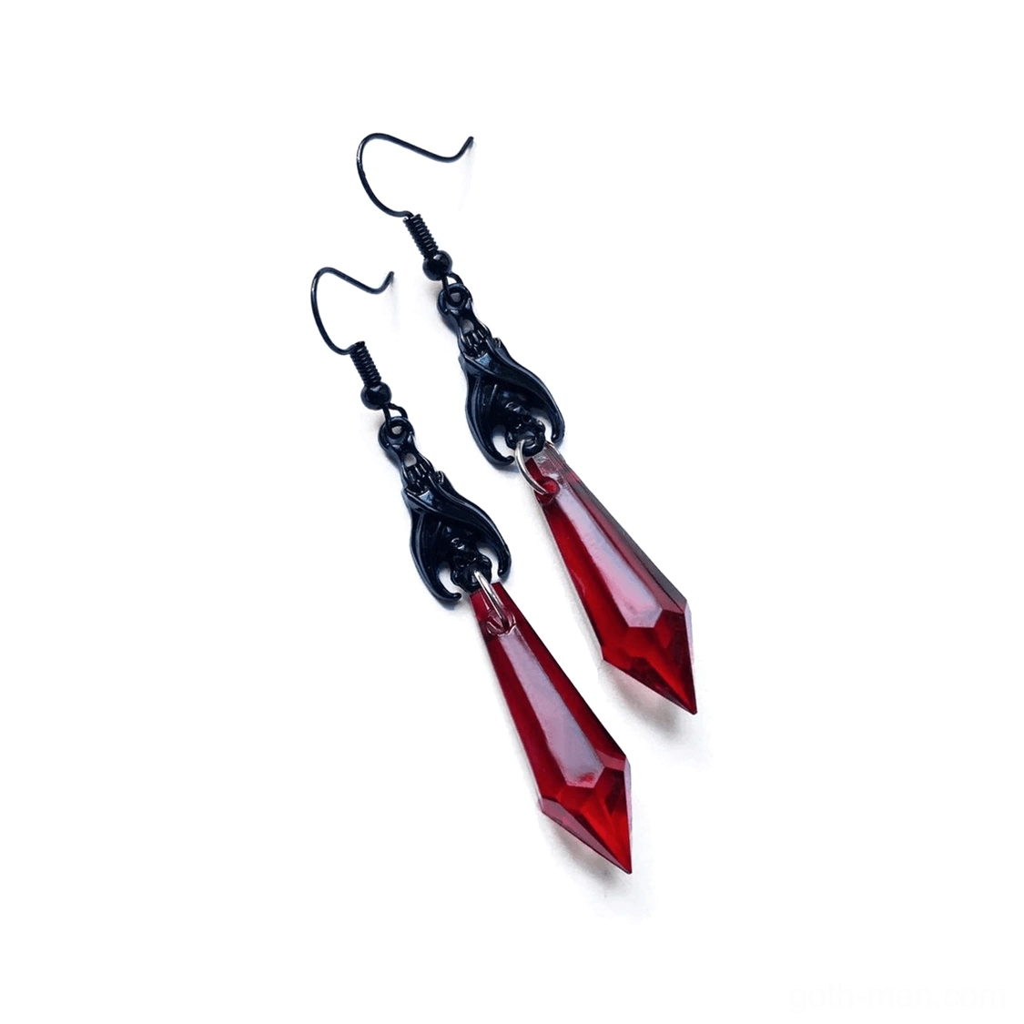 Gothic bat dangle earrings with red teardrop charms - angled side view