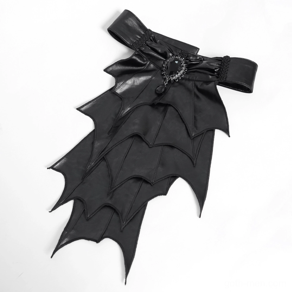Close-up detail of gothic lace choker collar and ornamental front appliqué work on bat wing blouse, showcasing craftsmanship and design elements