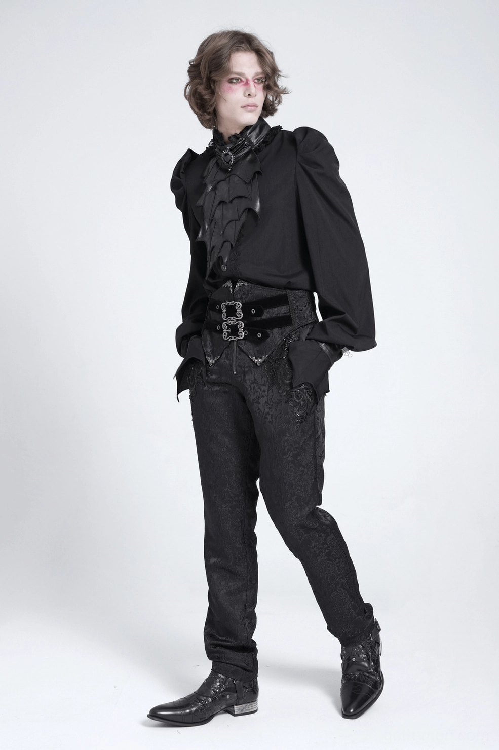 Gothic bat wing blouse theatrical front view on model, showcasing dramatic bat chest appliqué, ornate lace collar, and alternative fashion aesthetic