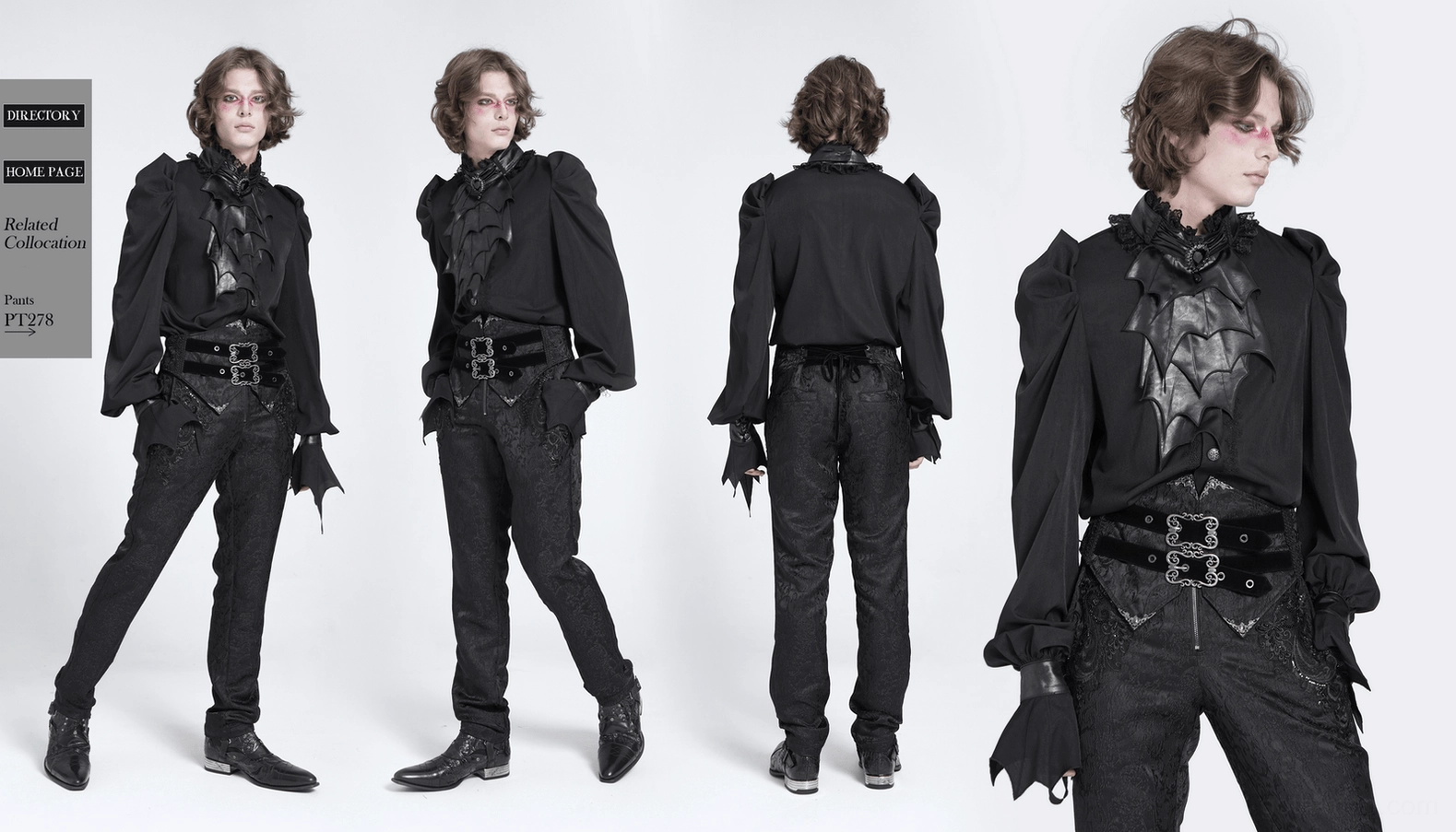 Gothic bat wing blouse three-quarter angle view emphasizing sculptured shoulder structure, theatrical sleeve design, and ornate front appliqué work
