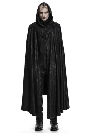 Black hooded gothic bat wing cloak front full-body view on model, distressed rubberized fabric