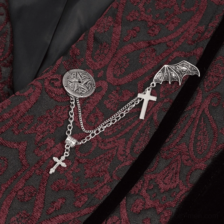 Gothic bat-wing cross chain brooch ornament close-up, featuring ornate metal design with intricate detailing