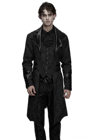 Black gothic jacquard coat with bat wing lapel and gemstone buttons - front full view worn by male model