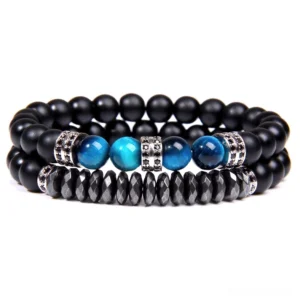 Gothic double-layer beaded bracelet with black onyx and blue tiger eye stones, silver rhinestone spacers, flat lay product shot