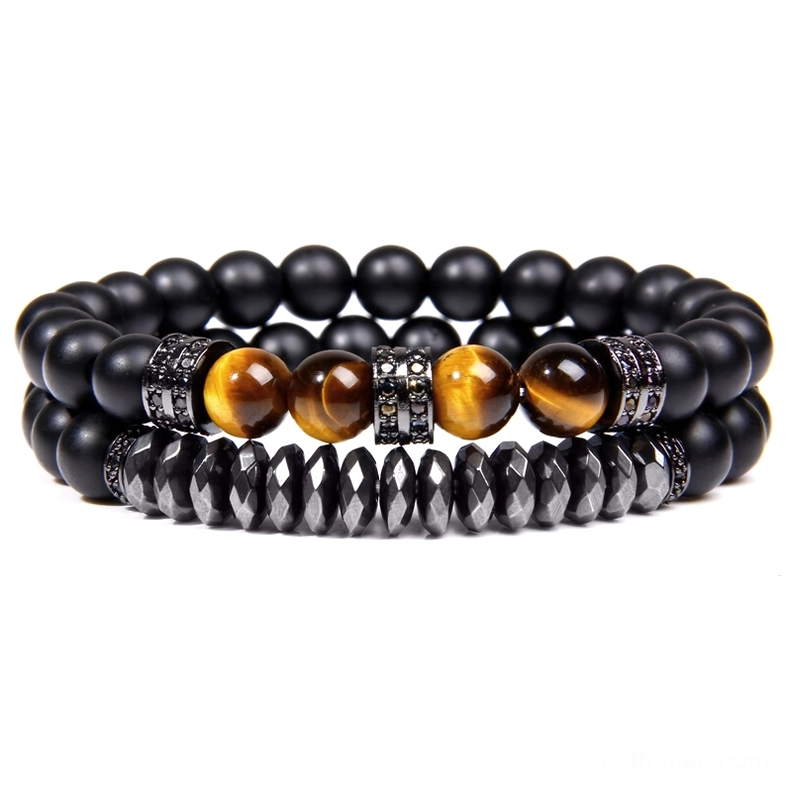 Unisex gothic bracelet with black onyx beads, yellow tiger eye stones, mixed silver and black metal decoration