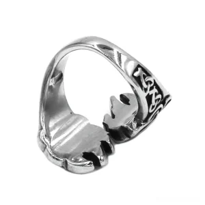 Gothic bear claw ring bottom view displaying engraved Viking rune patterns and open claw structure in vintage silver tone stainless steel