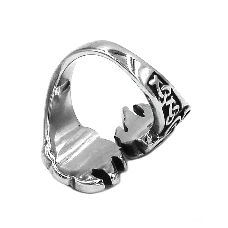 Gothic bear claw ring bottom view displaying engraved Viking rune patterns and open claw structure in vintage silver tone stainless steel
