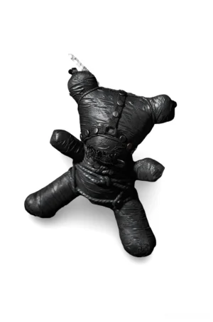 Gothic teddy bear plush pendant side profile view showcasing textured black matte finish and hand-stitched details