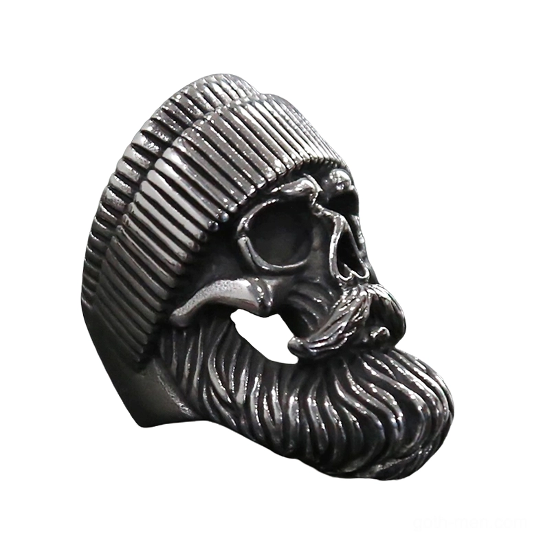 Bearded skull biker gothic ring right three-quarter angle view with intricate facial hair carving and aged metal texture on stainless steel