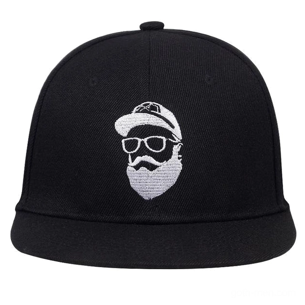 Black gothic snapback with white embroidered bearded character design - overhead front view alternative cap