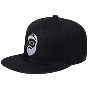 Solid black gothic snapback cap with white bearded man embroidery and glasses - front view alternative baseball hat