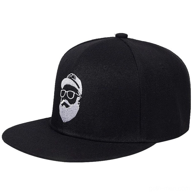 Solid black gothic snapback cap with white bearded man embroidery and glasses - front view alternative baseball hat