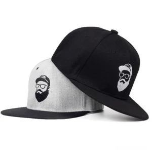 Two gothic snapback caps stacked - black and heather grey two-tone alternative baseball hats with character embroidery