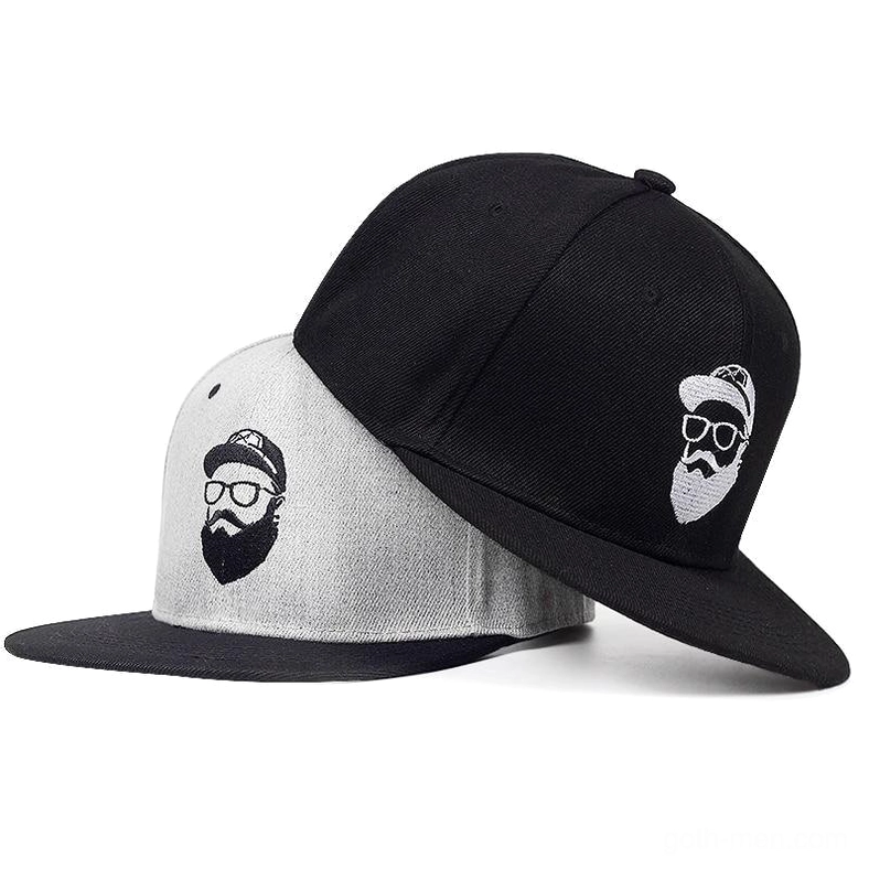 Two gothic snapback caps stacked - black and heather grey two-tone alternative baseball hats with character embroidery