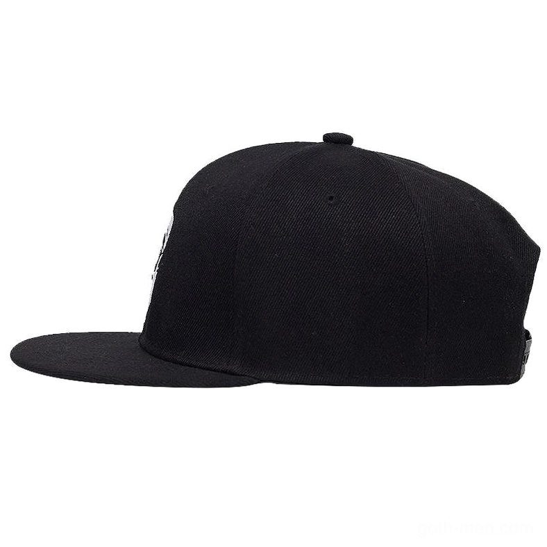 Black gothic snapback cap with adjustable snap closure back - side profile view twill fabric baseball hat