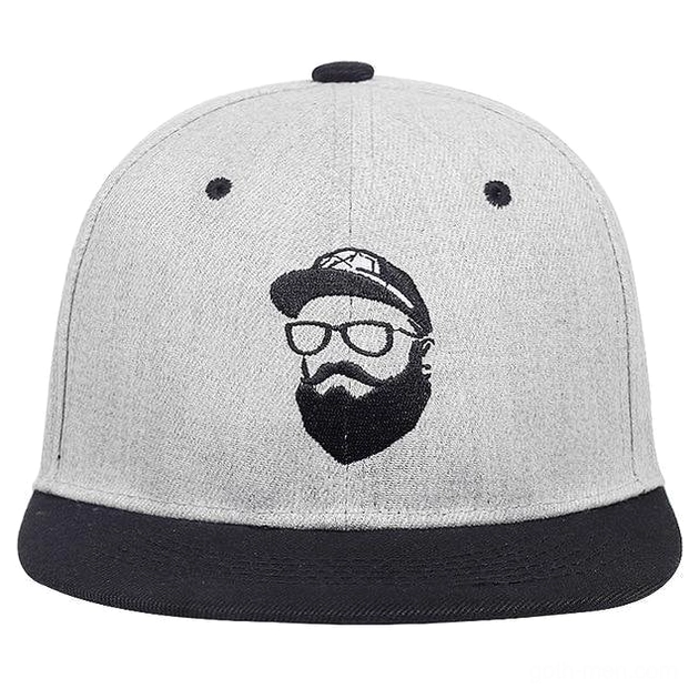 Heather grey gothic snapback with black bearded man embroidery - flat lay overhead view two-tone baseball hat