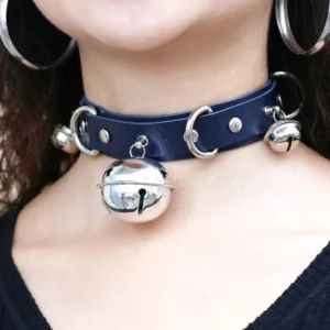 Gothic PU leather bell choker with metal rivets worn on neck - dark blue color close-up front view