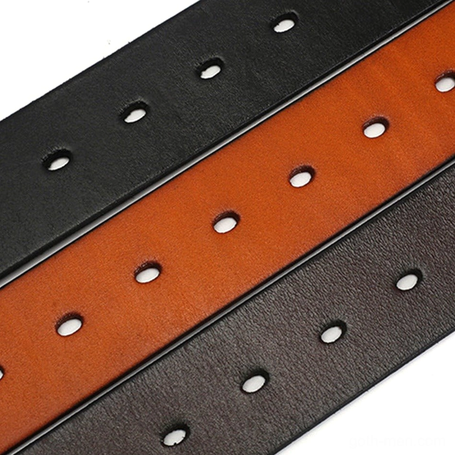 Adjustable gothic pin belt sizing detail showing multiple rivet hole positions for fit