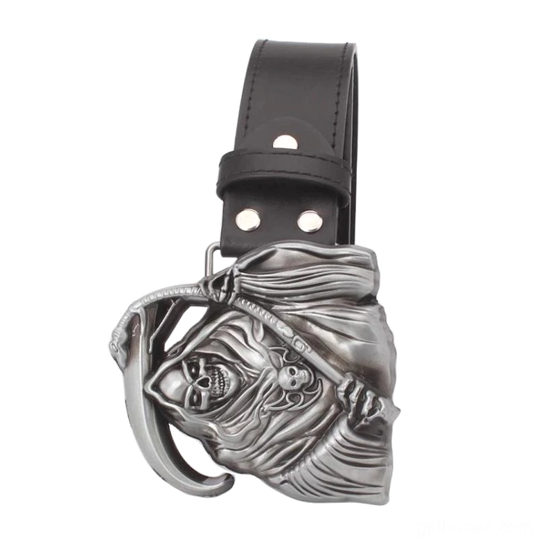 Black gothic belt end with grim reaper skull buckle, low angle photography