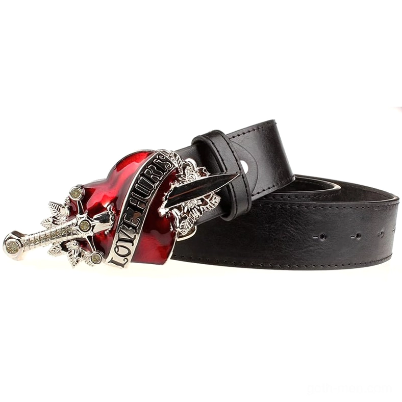 Black leather gothic belt folded display showing heart pierced dagger buckle detail and strap texture
