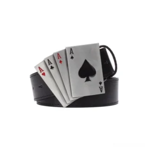 Black leather gothic belt with four aces playing card design metal buckle side view