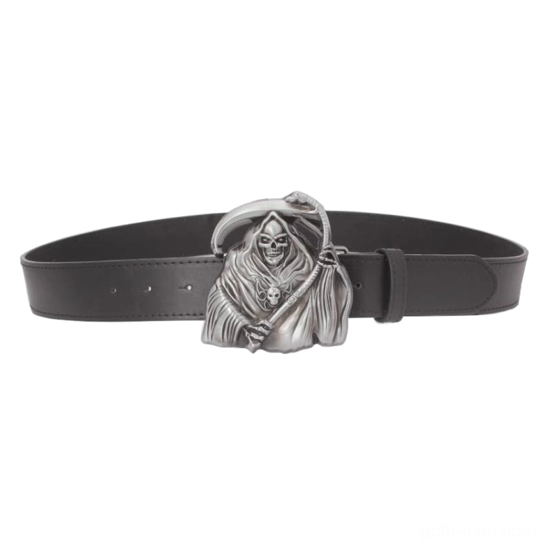 Black gothic punk belt with death reaper buckle, side profile angle view