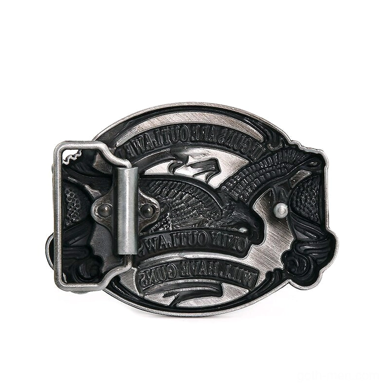Reverse side of gothic eagle belt buckle showing antique silver metal and functional pin fastener slot
