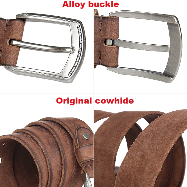 Close-up detail of cowhide gothic belt showing antique alloy buckle engraving, leather grain texture, and handcrafted stitching construction quality