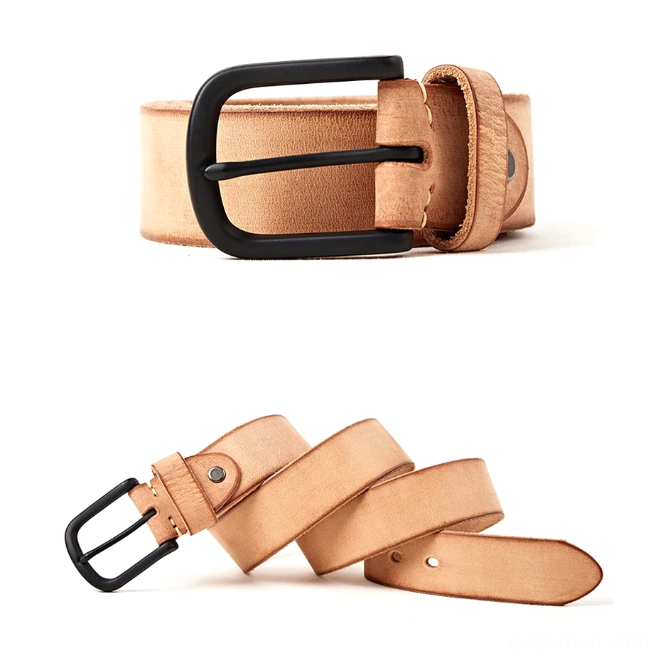 Camel tan leather gothic belt loose stacked display matte black buckle detail
