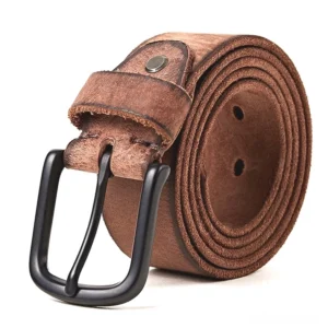 Coffee brown vintage leather gothic belt with matte pin buckle rolled display studio shot