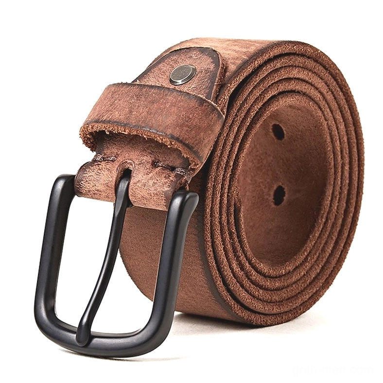 Coffee brown vintage leather gothic belt with matte pin buckle rolled display studio shot