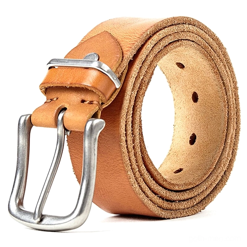 Tan coffee-colored leather gothic belt with silver pin buckle and visible adjustment holes, front three-quarter angle