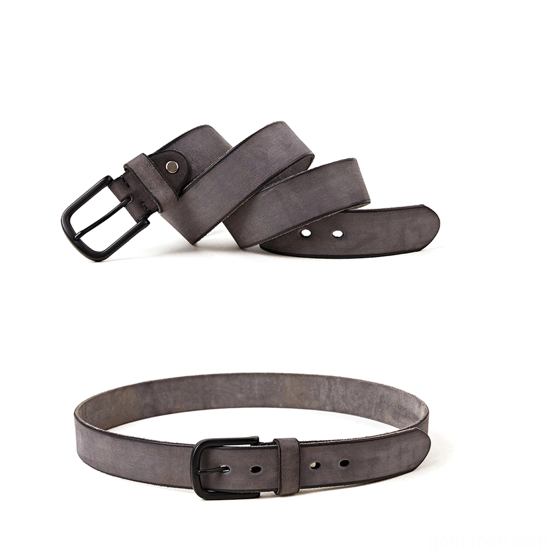 Dark grey distressed genuine leather gothic belt side view flat lay matte buckle