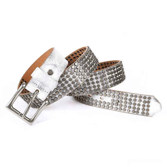 Dark leather gothic belt with dense metal rivet pattern and silver hardware fastening